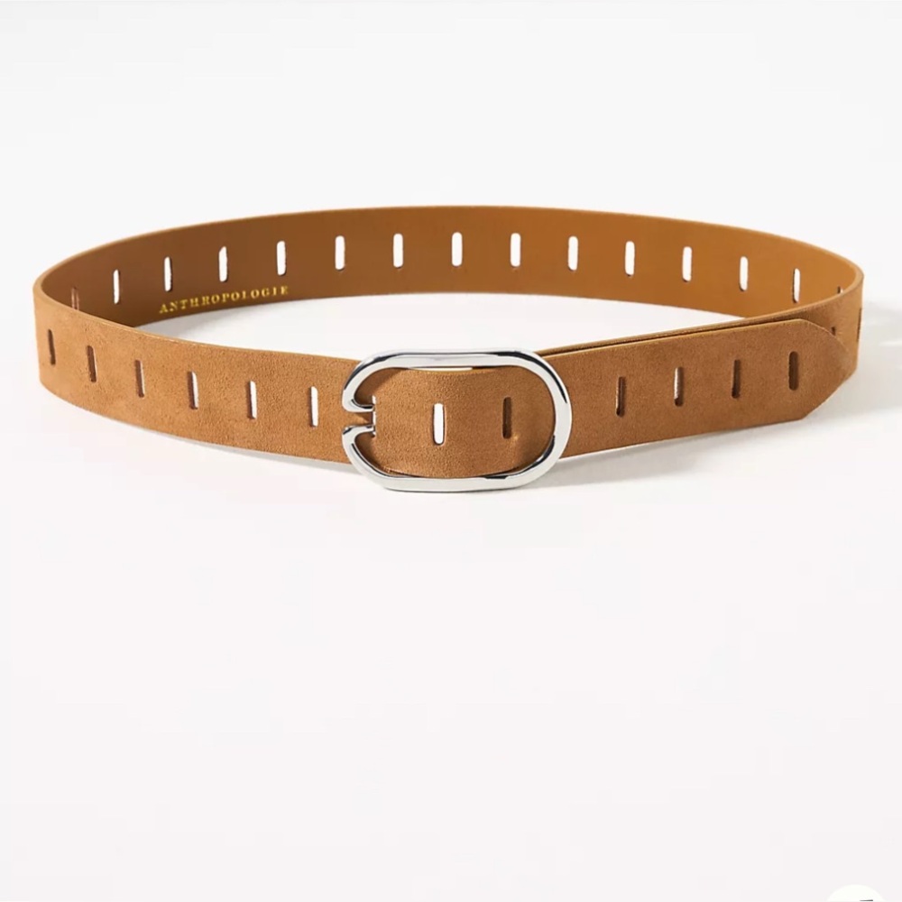 Anthropologie Tan Suede Notched Belt with Silver Buckle